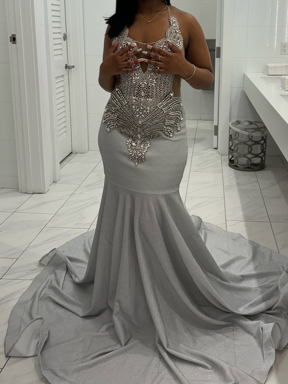 Elegant Silver Beaded Mermaid Prom Dress